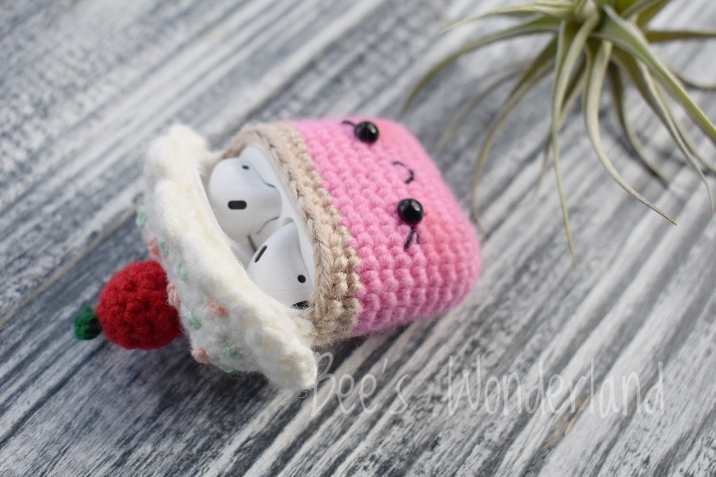 Kawaii Cupcake AirPod case, Crochet AirPod case, Handmade case, cute cartoon characters, stocking stuffers, pink AirPod case