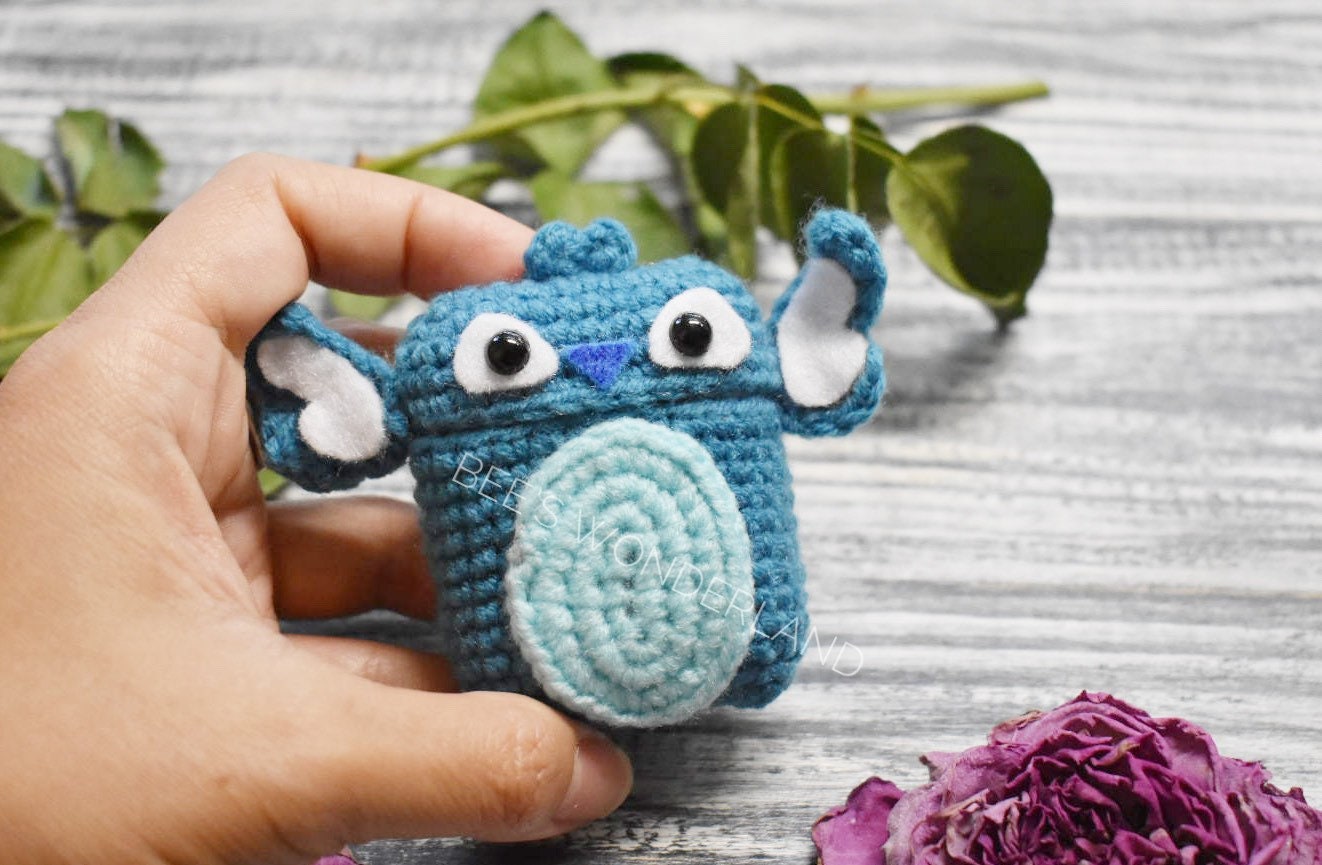 Stitch AirPods case, Crochet AirPod case, Handmade case, cute cartoon characters, stocking stuffers, Disney AirPod case, Kawaii Airpod case
